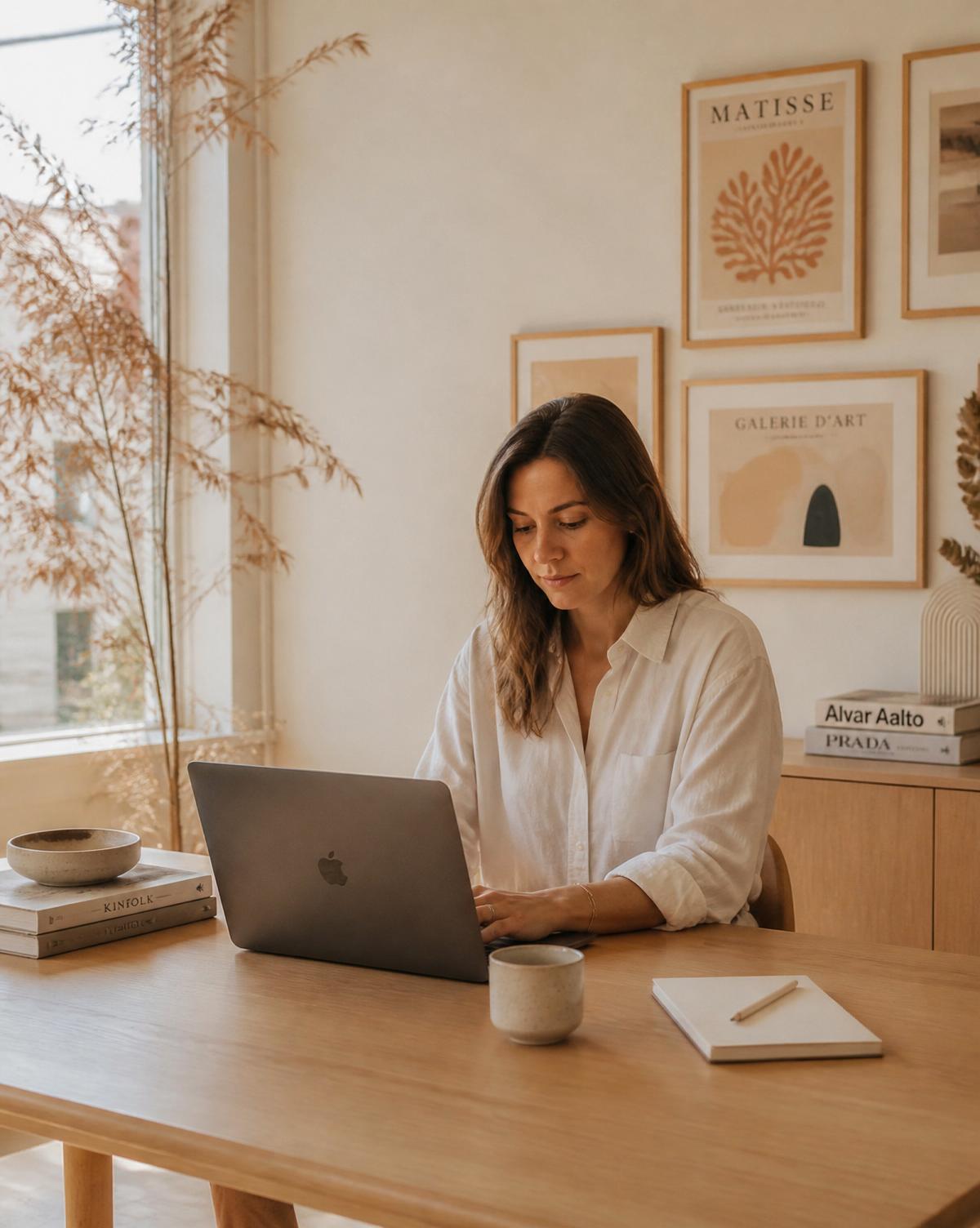 Fondatrice d'Idygital Holding LLC travaillant sur son ordinateur portable dans un bureau lumineux